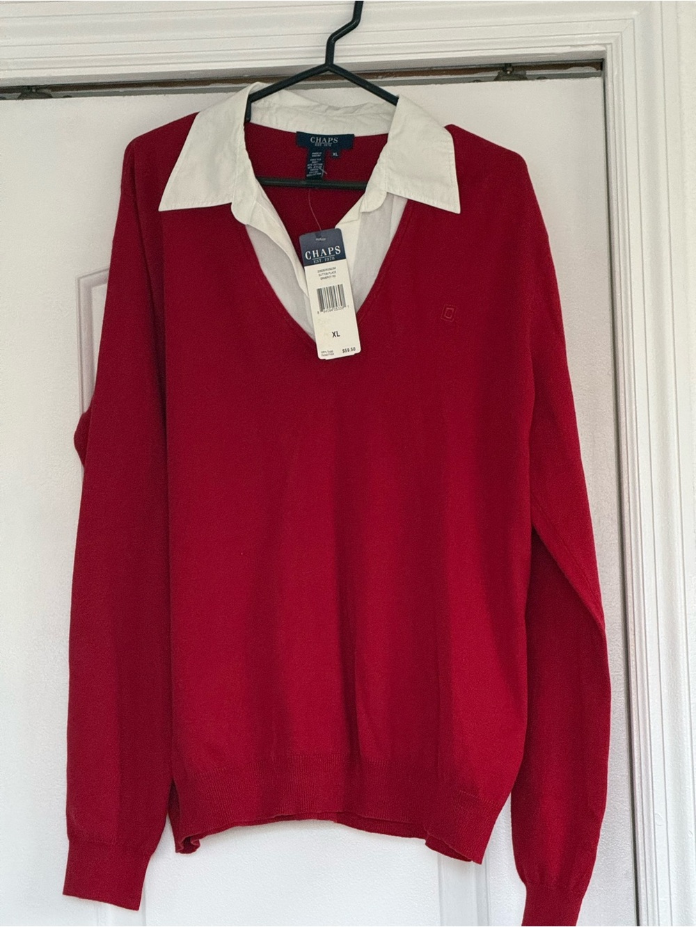Chaps Men’s Red V-Neck Sweater with White Collar